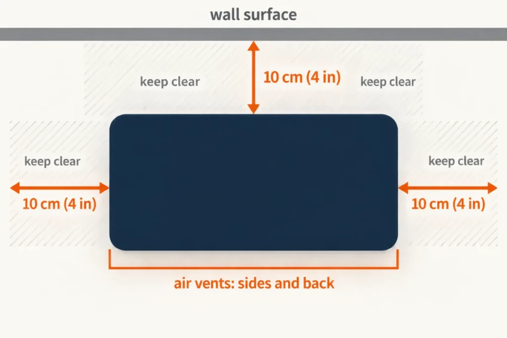 Top-down diagram of a game console shown as a plain block with a 10 cm (4 in) clear gap marked on the sides and the back and a wall behind it.