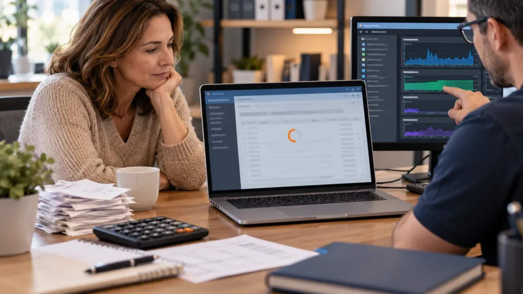 A small business owner and technician diagnose an unresponsive accounting program
