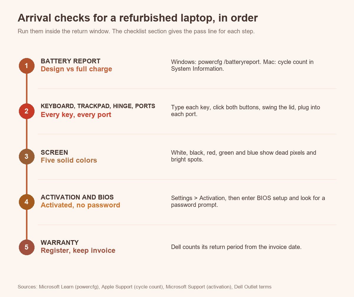 Five arrival checks for a refurbished laptop in order: battery report, keyboard and ports, screen, activation and BIOS, warranty