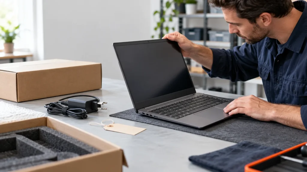 A repair technician inspects the hinge and keyboard of a refurbished business laptop