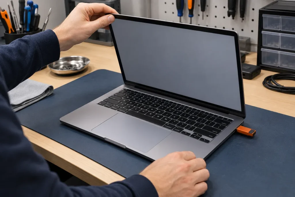 A technician tests a refurbished laptop's hinge, keyboard, trackpad, screen and USB port