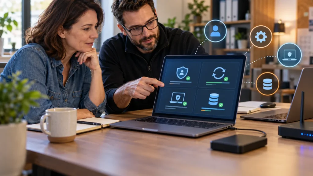 A small business owner and technician review account, update, device and backup protections