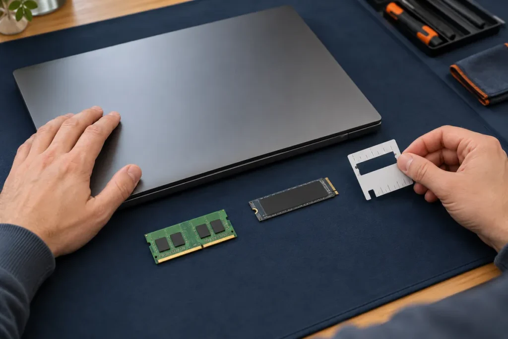 A laptop sits beside a memory module and solid-state drive while a technician checks part compatibility
