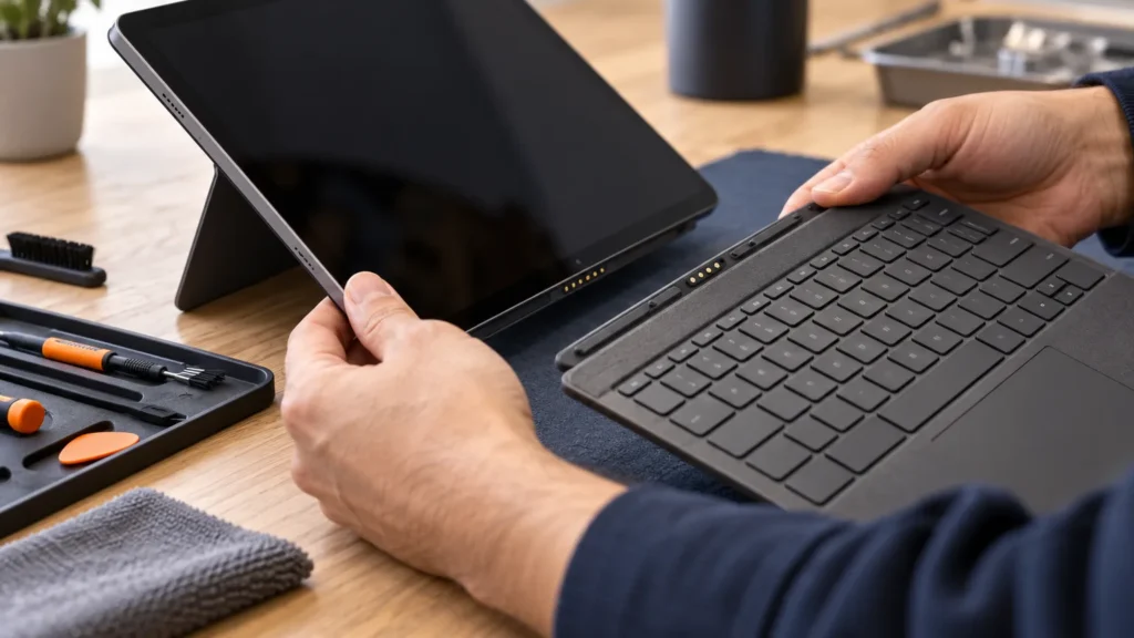 A technician detaches a tablet keyboard and inspects its magnetic connector contacts