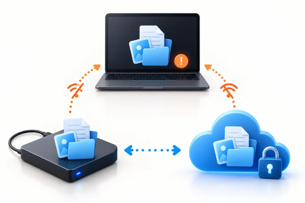 The same files remain on a laptop, an external drive and a protected off-site cloud copy